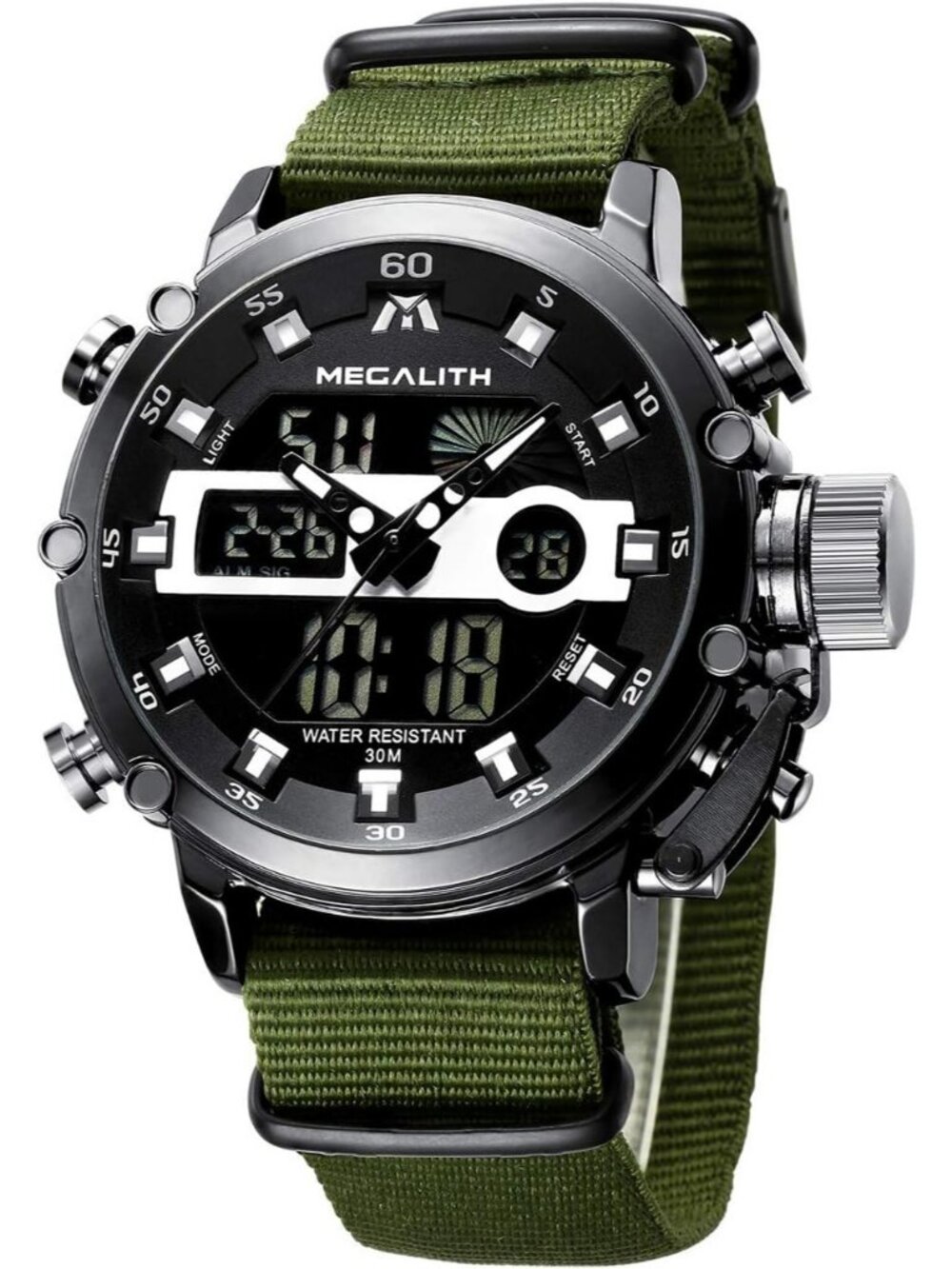 Men's Green And Black Analog Nylon Strap Waterproof Multifunction Digital Watch